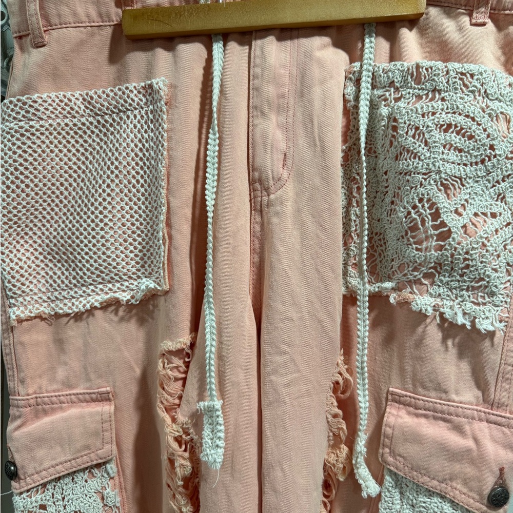 Creamy Pink Cargo Pants with Lace Accents and distressed front. - Picture 4 of 5